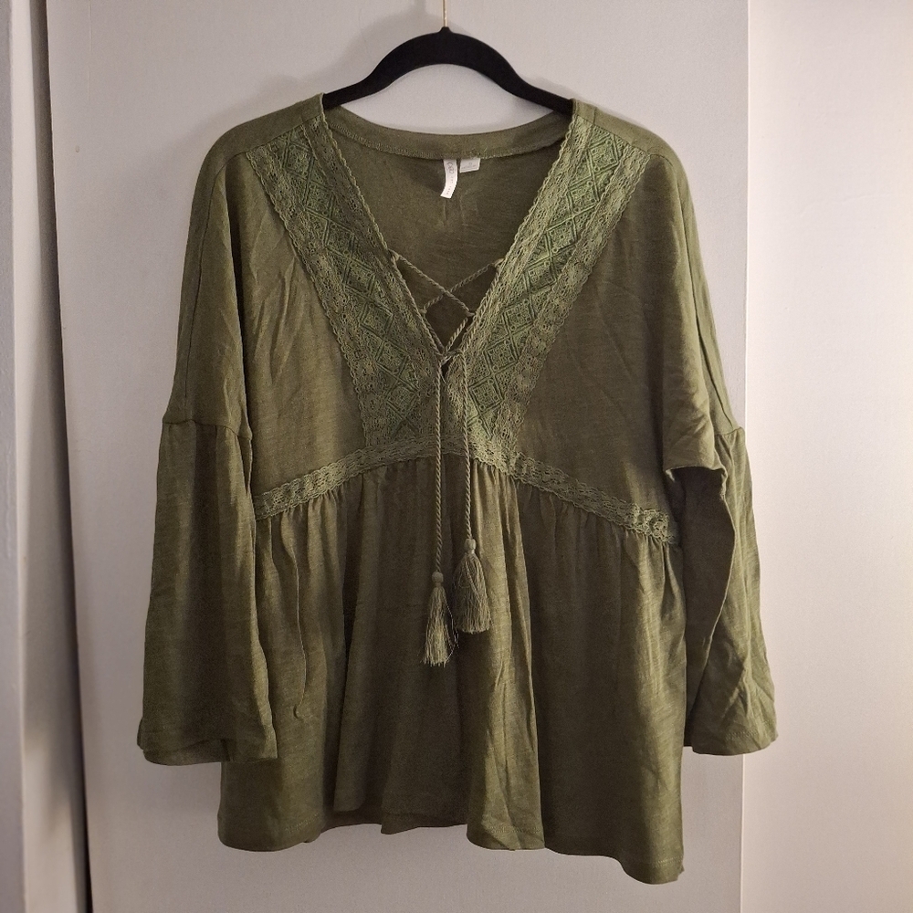 Cato Olive Green Lace Front Tie Women's Top